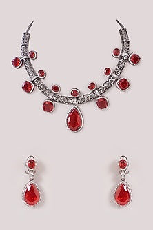 Black Rhodium Finish Zircon & Ruby Stone Choker Necklace Set