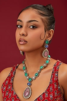 White Finish Zircon & Multi-Colored Stone Long Necklace Set