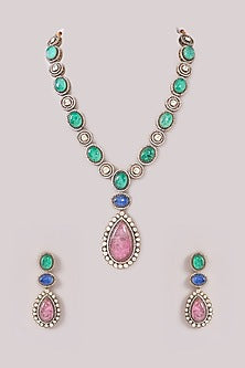 White Finish Zircon & Multi-Colored Stone Long Necklace Set