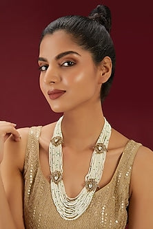 Gold Finish Kundan Polki & Pearl Beaded Mala Set