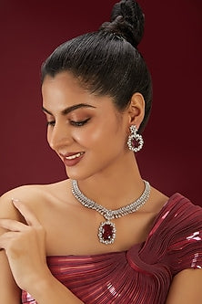 White Finish Zircon & Ruby Stone Choker Necklace Set