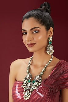 Gold Finish Kundan Polki & Ruby Stone Meenakari Long Necklace Set