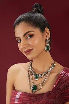 Two-Tone Finish Zircon & Emerald Long Necklace Set