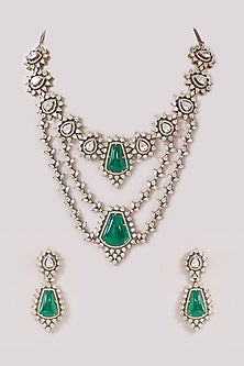 Two-Tone Finish Zircon & Emerald Long Necklace Set