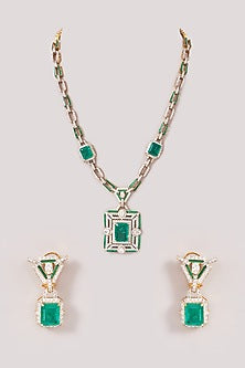 Gold Finish Zircon & Emerald Long Necklace Set