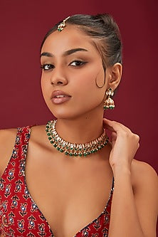 Gold Finish Moissanite Polki & Emerald Stone Choker Necklace Set