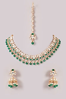 Gold Finish Moissanite Polki & Emerald Stone Choker Necklace Set