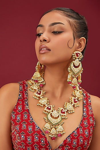 Gold Finish Kundan Polki & Ruby Stone Necklace Set
