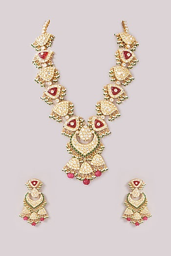 Gold Finish Kundan Polki & Ruby Stone Necklace Set
