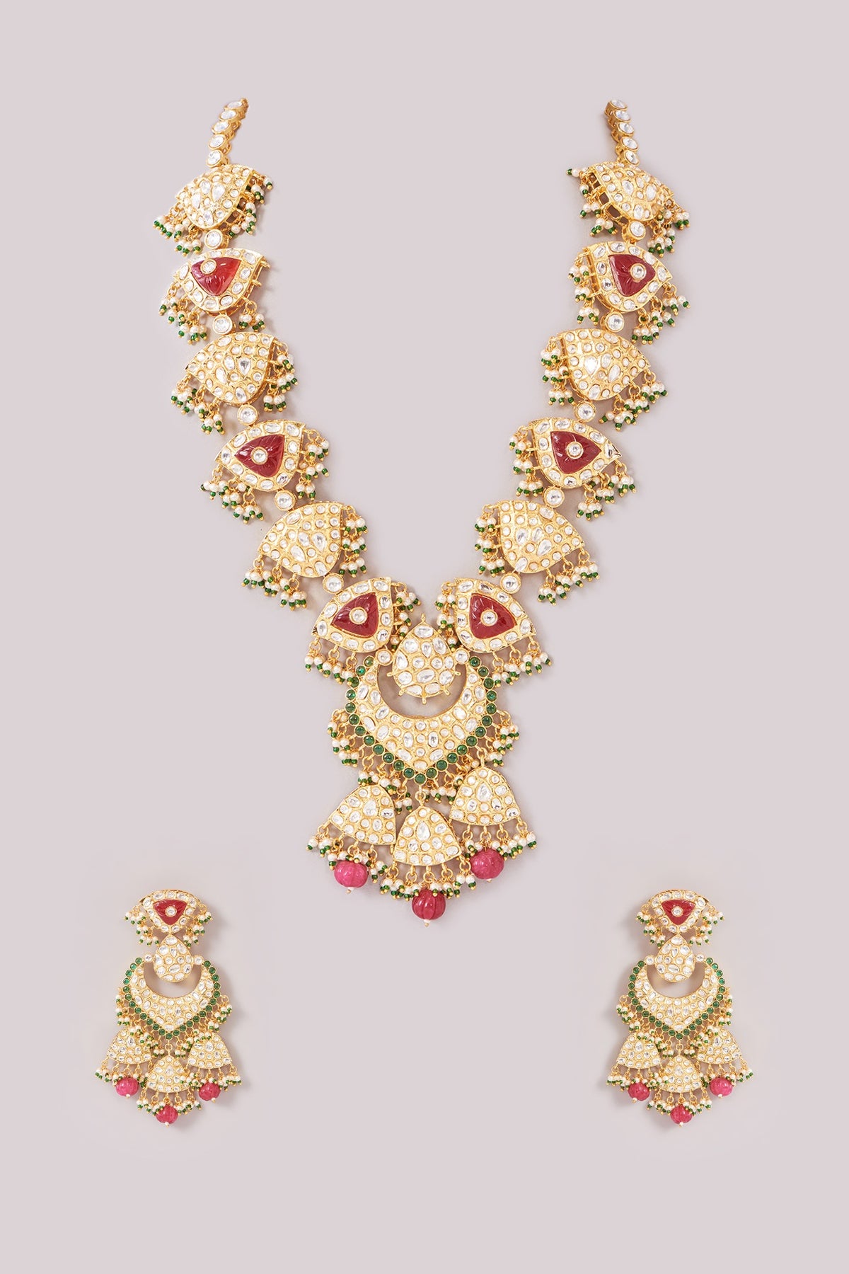 Gold Finish Kundan Polki & Ruby Stone Necklace Set