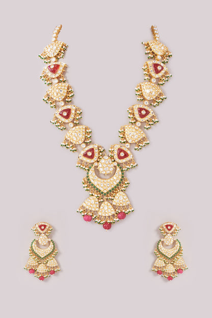 Gold Finish Kundan Polki & Ruby Stone Necklace Set
