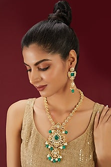 Gold Finish Kundan Polki & Emerald Stone Long Necklace Set