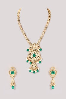 Gold Finish Kundan Polki & Emerald Stone Long Necklace Set