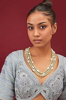 White Finish Green Beaded & Baroque Pearl Layered Necklace