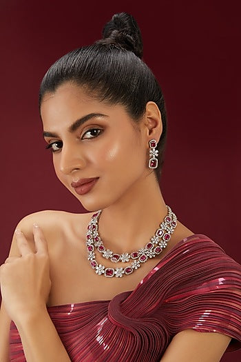White Finish Zircon & Ruby Stone Layered Necklace Set