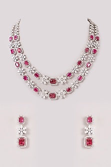White Finish Zircon & Ruby Stone Layered Necklace Set