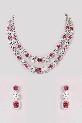 White Finish Zircon & Ruby Stone Layered Necklace Set