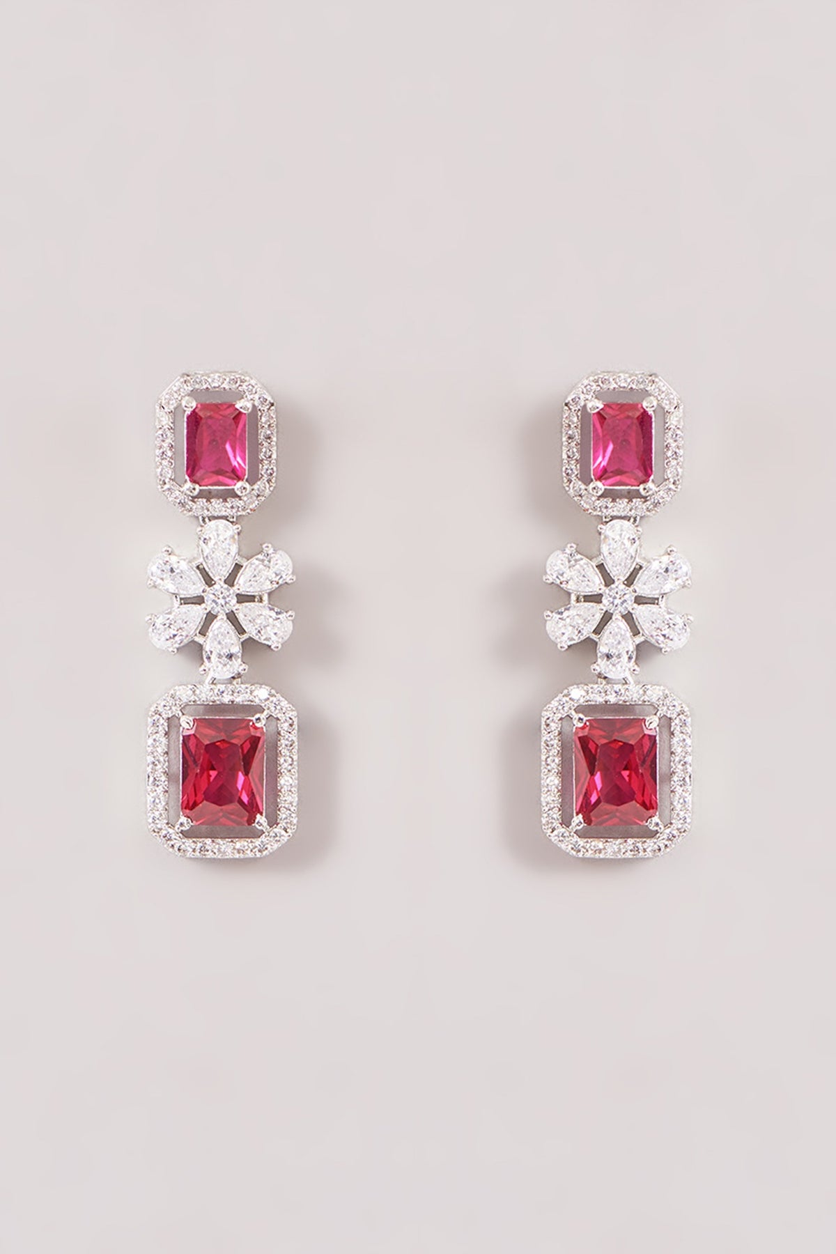 White Finish Zircon & Ruby Stone Layered Necklace Set