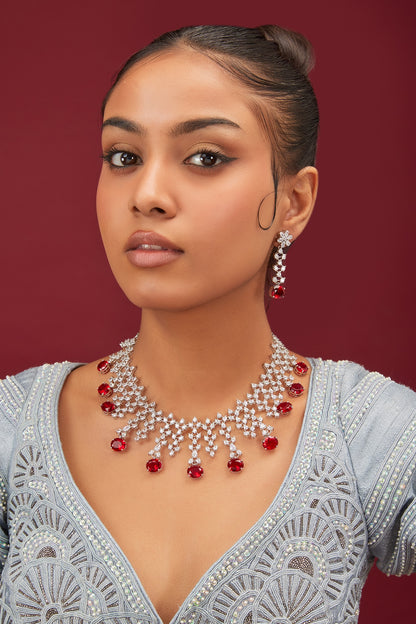 White Finish Zircon & Ruby Stone Choker Necklace Set