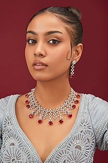 White Finish Zircon & Ruby Stone Choker Necklace Set