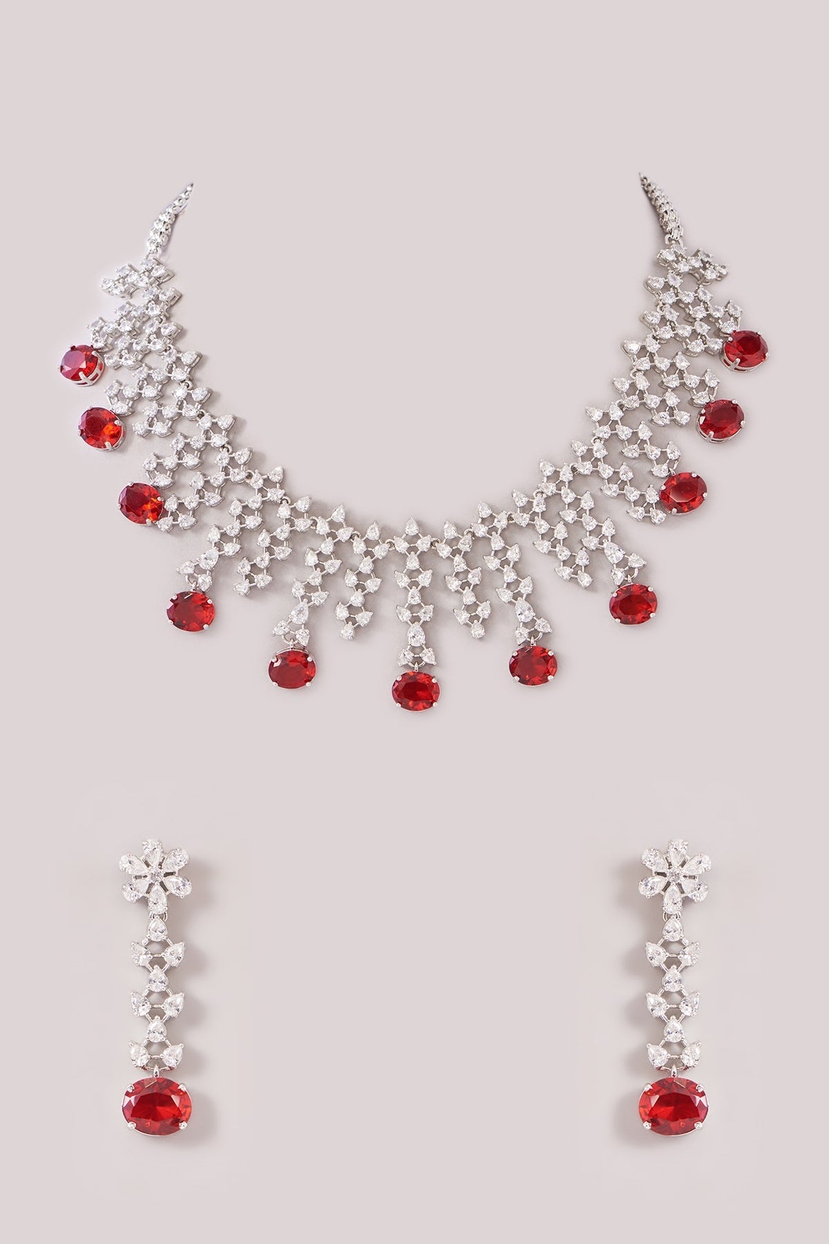 White Finish Zircon & Ruby Stone Choker Necklace Set