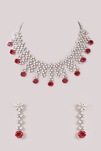 White Finish Zircon & Ruby Stone Choker Necklace Set