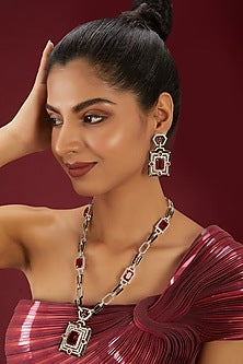 White Finish Zircon & Ruby Stone Long Necklace Set