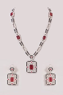 White Finish Zircon & Ruby Stone Long Necklace Set