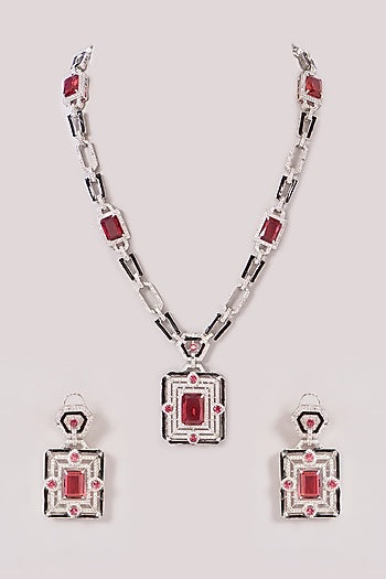 White Finish Zircon & Ruby Stone Long Necklace Set
