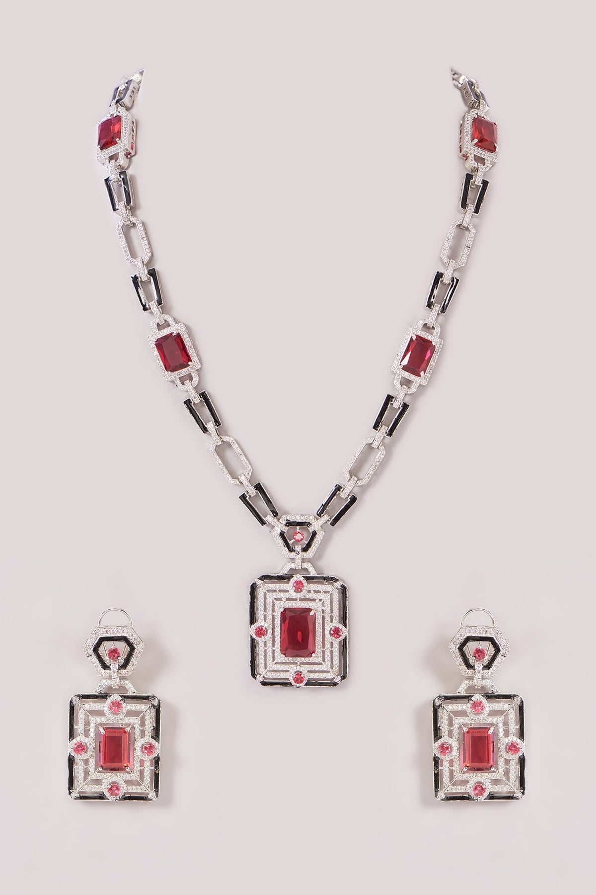 White Finish Zircon & Ruby Stone Long Necklace Set