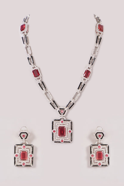 White Finish Zircon & Ruby Stone Long Necklace Set