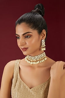 Gold Finish Kundan Polki & Pearl Choker Necklace Set