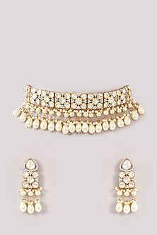 Gold Finish Kundan Polki & Pearl Choker Necklace Set