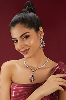 White Finish Zircon & Ruby Necklace Set
