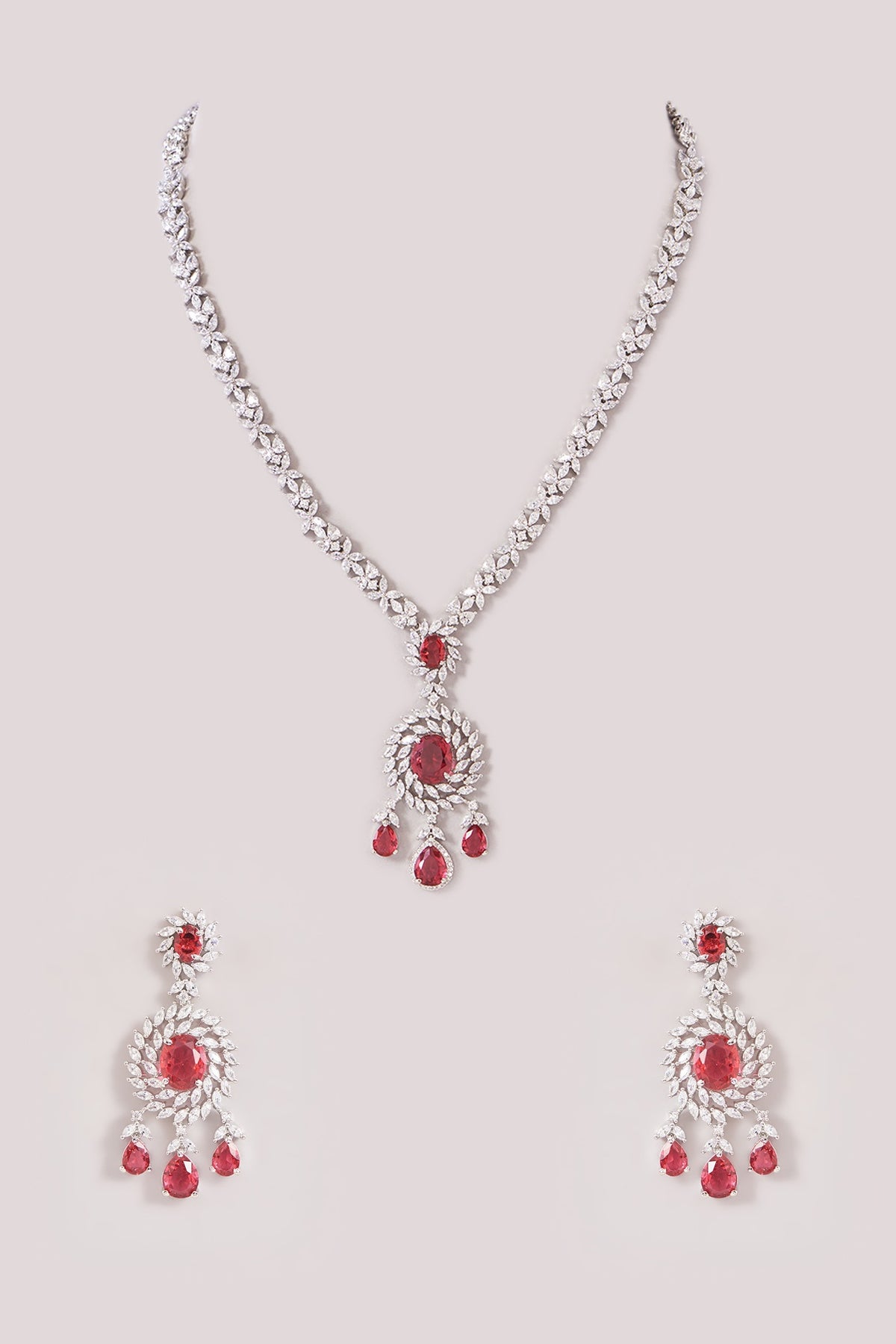 White Finish Zircon & Ruby Necklace Set