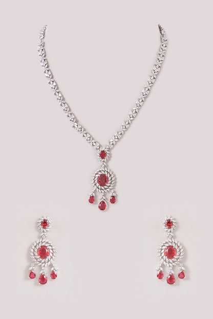 White Finish Zircon & Ruby Necklace Set