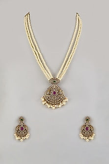 Gold Finish Kundan Polki & Pearl Long Necklace Set