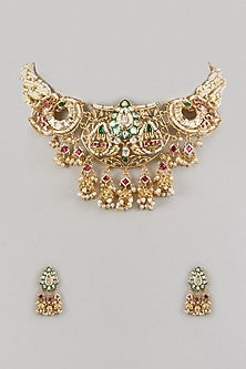 Gold Finish Ruby & Emerald Choker Necklace Set