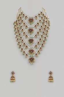 Gold Finish Ruby & Emerald Long Layered Necklace Set