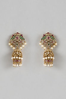 Gold Finish Ruby & Emerald Dangler Earrings