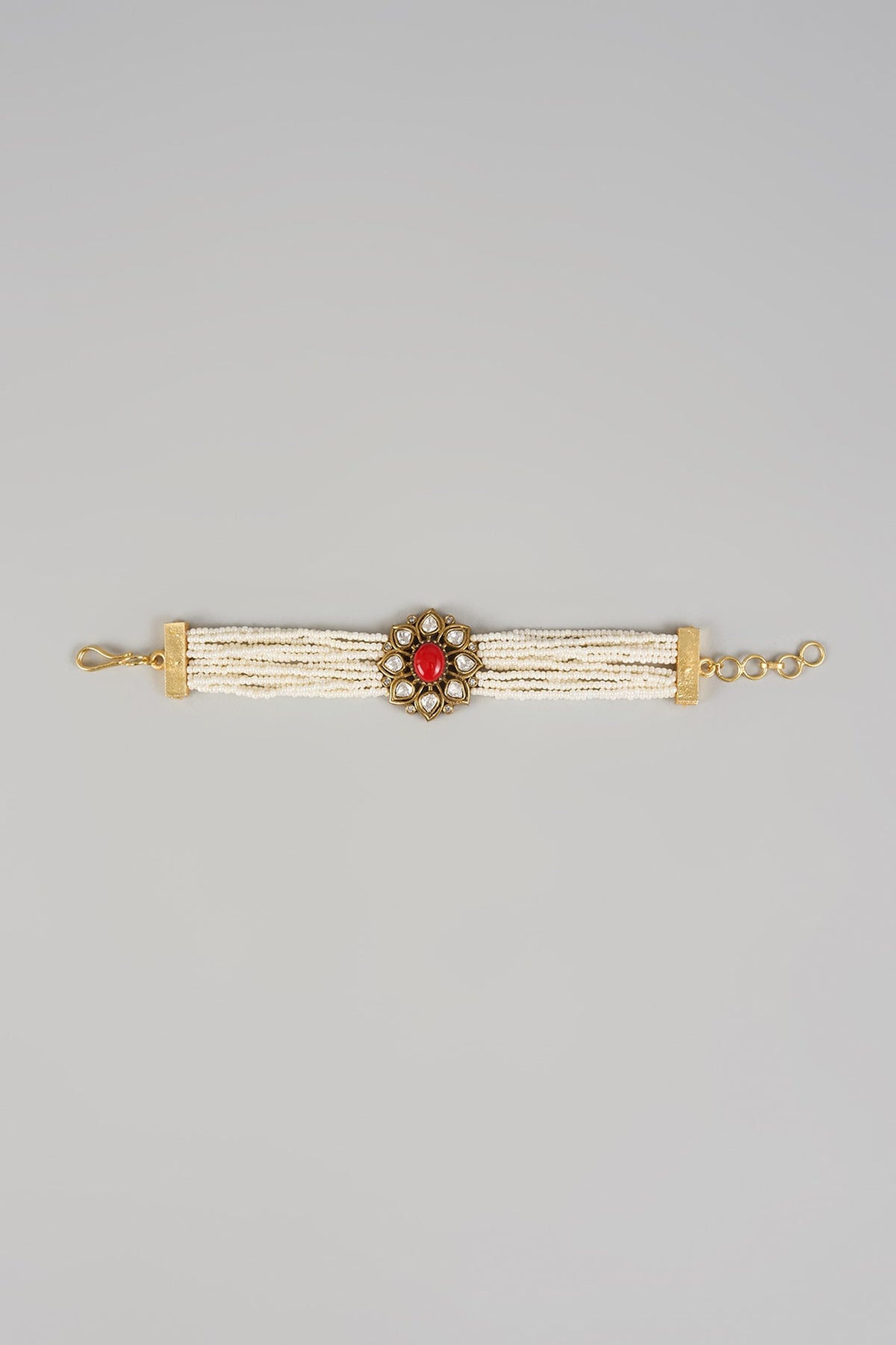 Gold Finish Ruby Stone & Pearl Bracelet