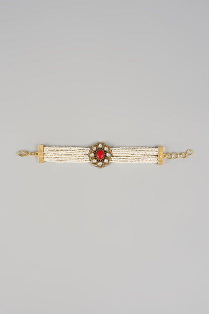 Gold Finish Ruby Stone & Pearl Bracelet