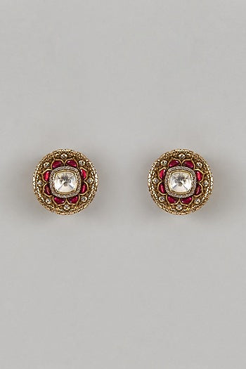Gold Finish Ruby & Moissanite Stud Earrings