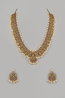 Gold Finish Emerald & Pearl Beaded Long Necklace Set