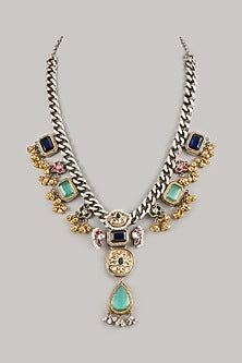 Black Rhodium Finish Amethyst & Turquoise Stone Necklace