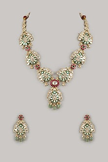 Gold Finish Ruby & Emerald Long Necklace Set