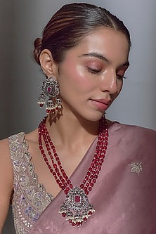 Black Rhodium Finish Ruby Stone & Zircon Long Necklace Set