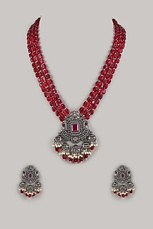 Black Rhodium Finish Ruby Stone & Zircon Long Necklace Set