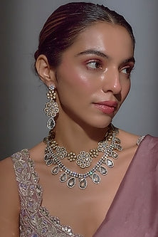 Black Rhodium Finish Grey Agate & Zircon Layered Necklace Set