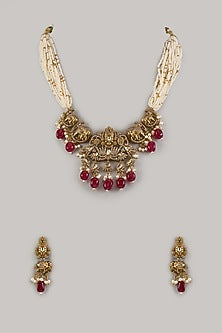 Gold Finish Ruby Stone & Moissanite Long Necklace Set